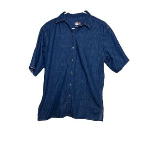 French Cuff Denim Raw Hem Short Sleeve Button Down Shirt Small
